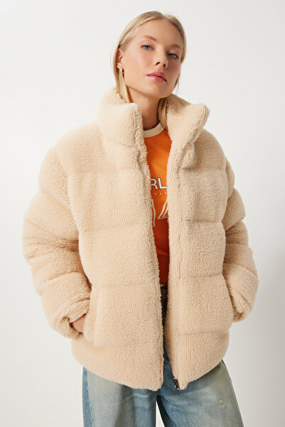 Lovelyİstanbul Palton puf de pluș cu guler în picioare BEI LQA0002