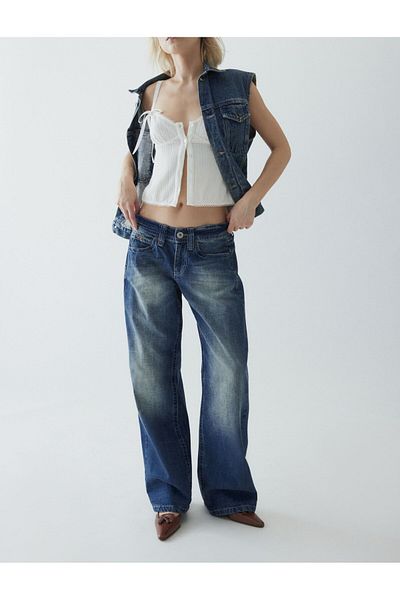 september island Washed Navy Blue Low Waist Washed Jeans Trousers