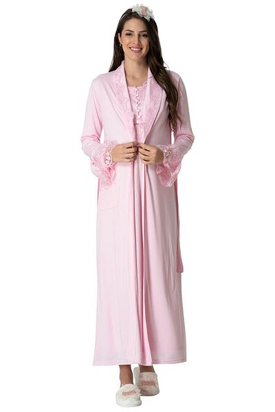 Mecit Pijama Mecit 5417 Ροζ Νυχτικό εγκυμοσύνης σετ με μακρύ φόρεμα