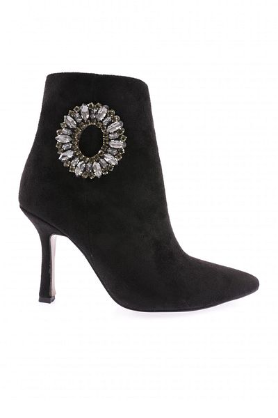 DGN 5738-424 Black Suede - Colorful Beaded Ring Buckle Women's Heeled Boots
