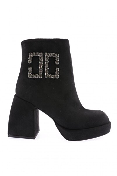 DGN Silver Stone Buckle Blunt Toe Zippered Heeled Boots Black Suede 23123166