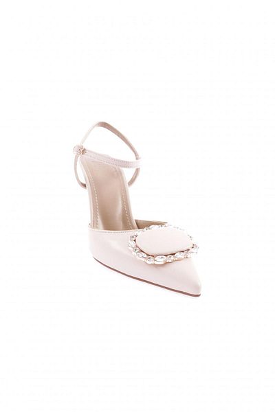 DGN Ecru Women's Thin Heeled Shoes with Crystal Buckle - Ankle Strap 21162821