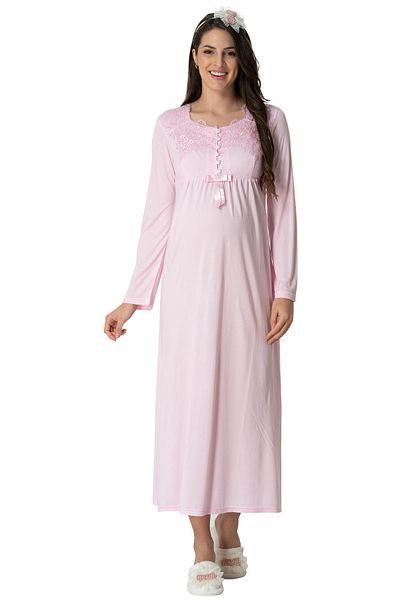 Mecit Pijama Mecit 5417 Ροζ Νυχτικό εγκυμοσύνης σετ με μακρύ φόρεμα