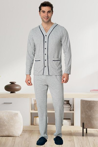By Mecit Pijama Mecit 22767 Γκρι Μπροστινό Κουμπωτό Σετ Ανδρική Πιτζάμα Plus Size