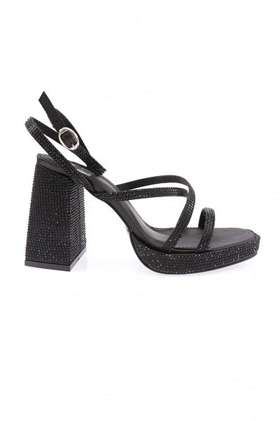 DGN Femei Silver Stone Bandă cu o singură cruce Platformă joasă Toc înalt Curea la gleznă Satin negru 8864535