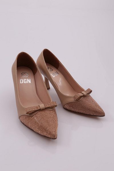 DGN Pantofi cu toc de damă cu panglică de piatră în față, bej 9362621