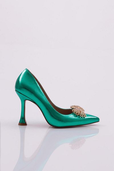 DGN Pantofi cu toc cu cataramă cu fundă metalică cu vârf ascuțit de damă, verde pin metalic 561121085