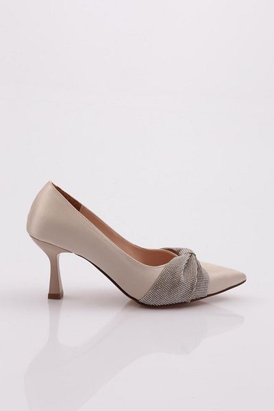 DGN Pantofi cu toc de damă cu panglică brodată cu piatră din satin bej 9312621
