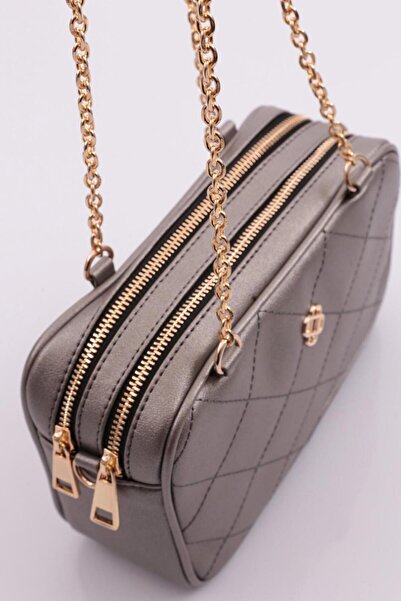 DGN Geantă de damă cu lanț dublu cu ochi, platină metalic 1482856