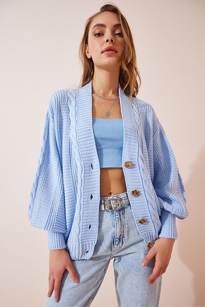 Lovelyİstanbul Cardigan din tricot cu mânecă cu balon împletit albastru - LZA0011