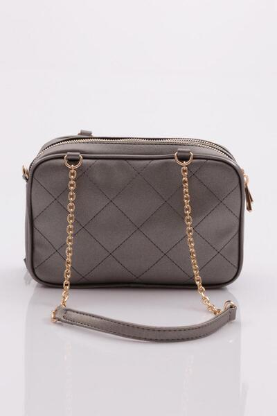 DGN Geantă de damă cu lanț dublu cu ochi, platină metalic 1482856