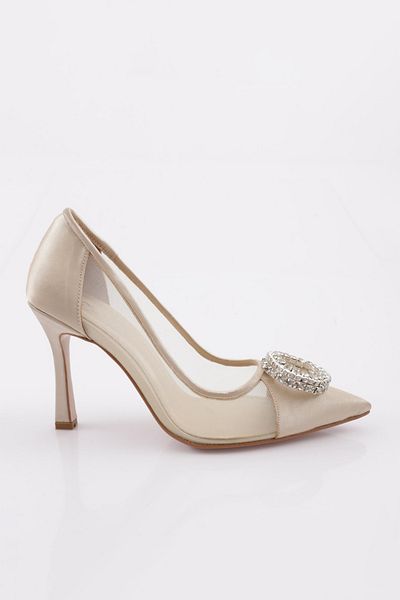 DGN Pantofi cu toc pentru femei din satin auriu, cu vârf ascuțit, cu cristale - 8819535