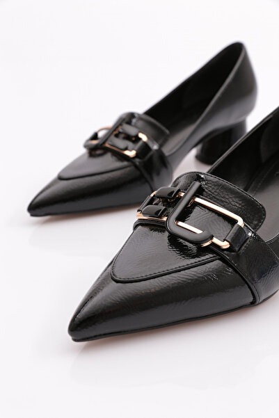 DGN Černá lakovaná kůže – dámské boty na podpatku se špičatou špičkou 2154362821