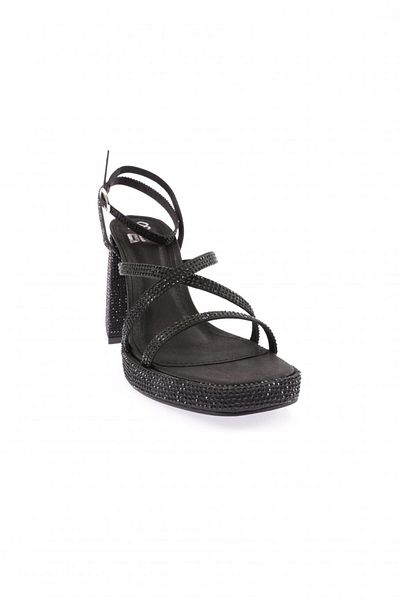 DGN Femei Silver Stone Bandă cu o singură cruce Platformă joasă Toc înalt Curea la gleznă Satin negru 8864535