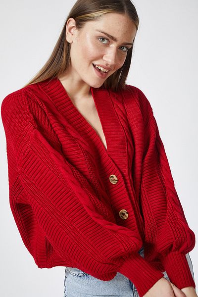 Lovelyİstanbul Red Loose Knitwear Cardigan - Braided and Balloon Sleeves Lza0011