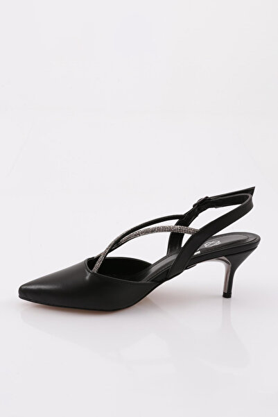DGN Kadın Kısa Topuk Sivri Burun Topuklu Ayakkabı Siyah Cilt 26233322181102322