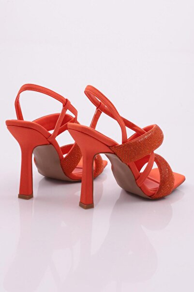 DGN Women's Thick Rows and Cross Straps Silver Stone Heeled Shoes Orange Satin 314333210