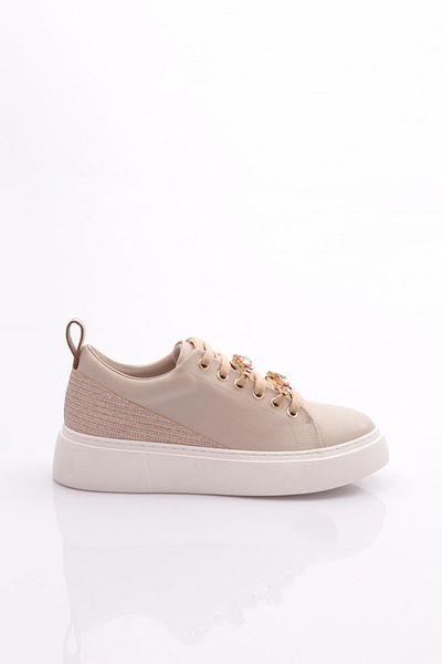 DGN Beige Women's Sneakers - Thick Color and Crystal Stone Detail 15299743118