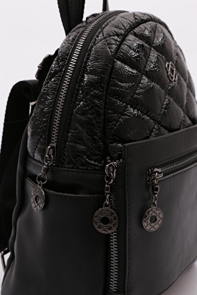 DGN Black Patent Leather Women's Backpack with Zipper - 1262856