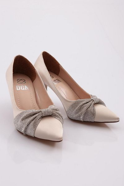 DGN Pantofi cu toc de damă cu panglică brodată cu piatră din satin bej 9312621
