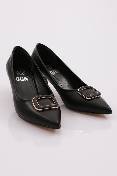 DGN Women's Round Buckle Heeled Shoes Black 6452621