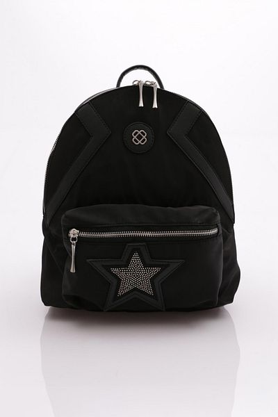 DGN Star Patterned Black Satin Women's Backpack - 1242856