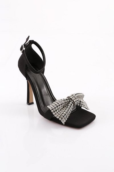 DGN Sandale de damă cu fundă argintie din satin negru 3131033210