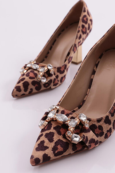 DGN Women's Stone Detailed Heeled Shoes Leopard Velvet 4110112821