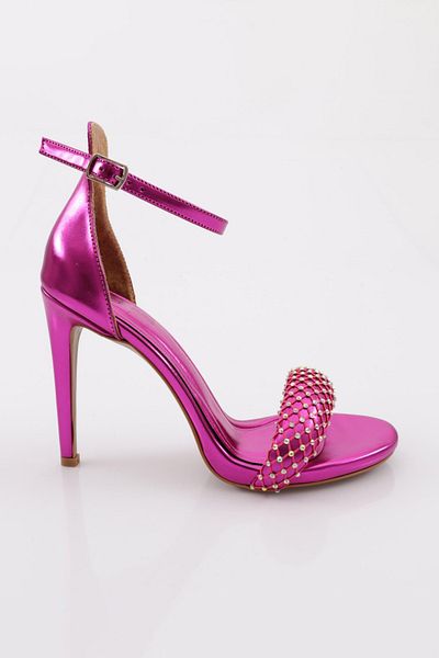 DGN Pantofi cu toc cu broderie de piatră cu plasă de damă, fucsia metalic 315133210