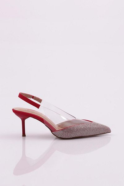 DGN Pantofi de damă cu toc cu spate deschis brodat cu piatră din satin roșu 288421085