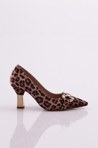 DGN Women's Stone Detailed Heeled Shoes Leopard Velvet 4110112821