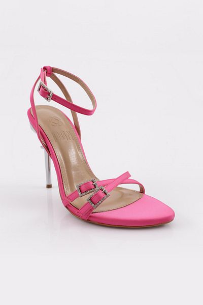 DGN Pantofi cu toc cu curele la gleznă cu cataramă de damă din satin fucsia 23863481