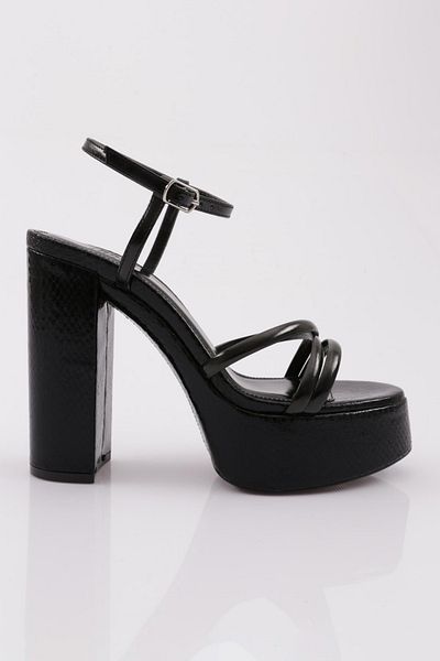 DGN Pantofi de damă cu curea la gleznă cu talpă groasă cu toc, negru, imprimat metalic 393236