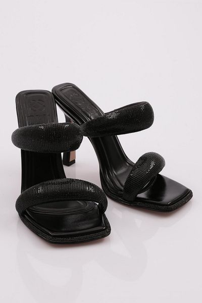 DGN Papuci cu toc cu bandă de piatră argintie groase pentru femei, negru metalic, piatră neagră 313833210