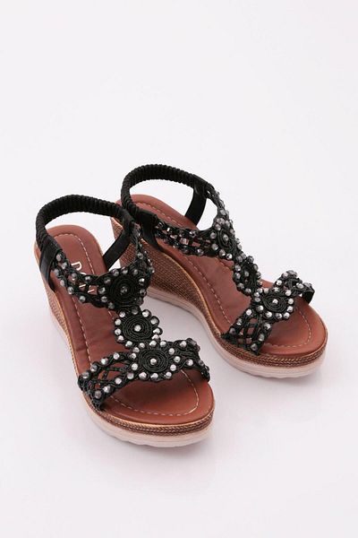 DGN 1042 Model High Heeled Stone Flower Patterned Women's Sandals
