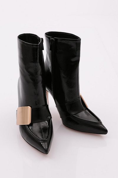DGN Black Patent Leather Wrinkled Women's Heeled Boots - 4866535