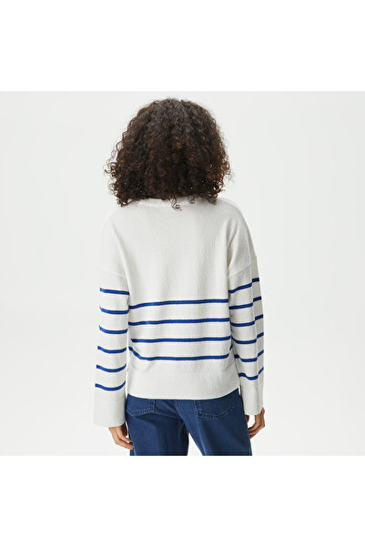 Lacoste Kadın Relaxed Fit Bisiklet Yaka Çizgili Beyaz Triko