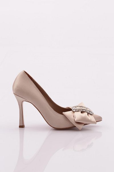 DGN Pantofi cu toc pentru femei din satin auriu - 4818535