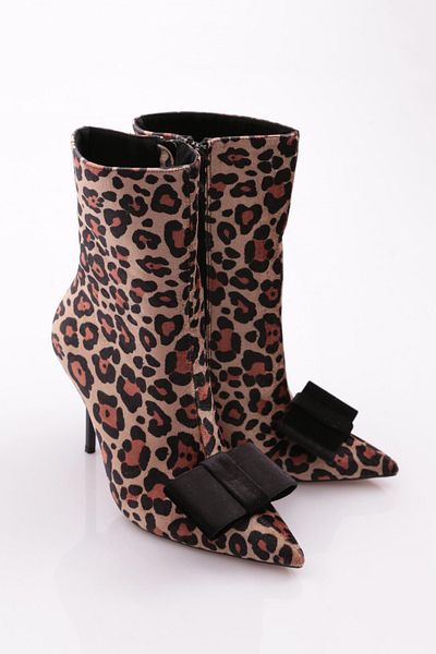 DGN Cizme cu toc pentru femei din catifea cu model leopard negru - 911103557