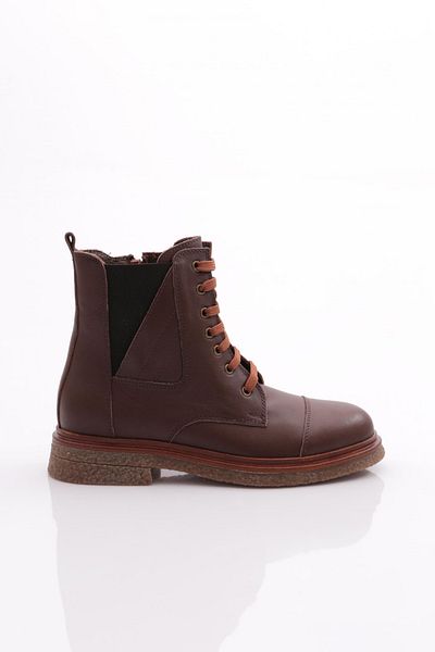 DGN Women's Side Elastic Lace up Boots Brown Genuine Leather 1681183217