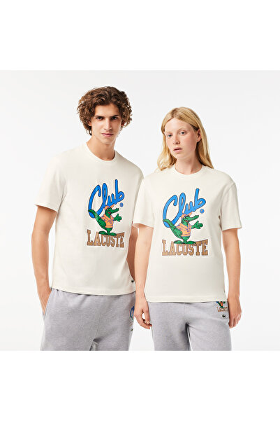 Lacoste Unisex Relaxed Fit Bisiklet Yaka Baskılı Beyaz T-Shirt