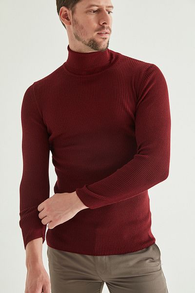 Twn Пуловер с поло яка Slim Fit, червен и оребрено