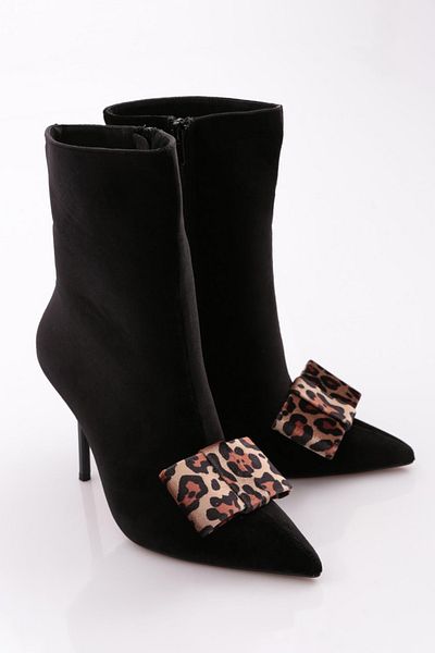 DGN Cizme cu toc pentru femei din catifea neagră cu model leopard - 911103557