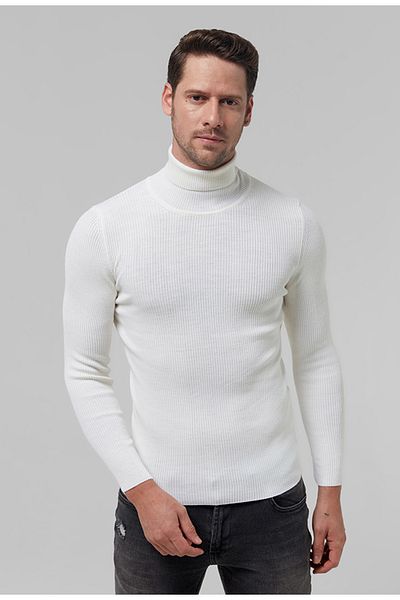 Twn Slim Fit Ecru Rib Knit Half Fisherman πουλόβερ