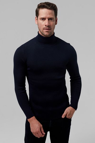 Twn Πλεκτό πουλόβερ με λεπτή εφαρμογή Navy Blue Rib Knit Half Fisherman Wool