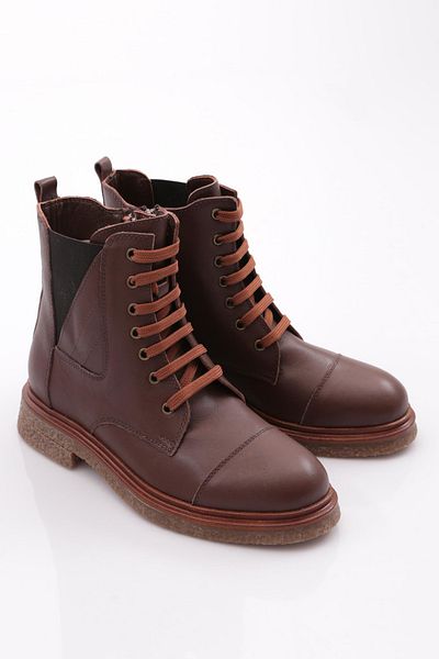DGN Women's Side Elastic Lace up Boots Brown Genuine Leather 1681183217