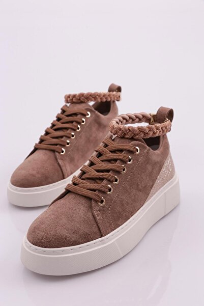 DGN Kadın Kalın Taban Halhal Detaylı Silver Taşlı Sneakers Ayakkabı Vizon Süet 15299623118