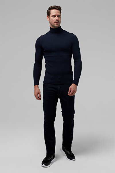 Twn Πλεκτό πουλόβερ με λεπτή εφαρμογή Navy Blue Rib Knit Half Fisherman Wool