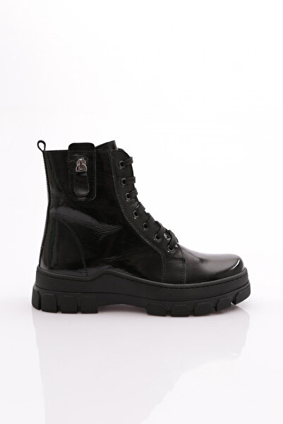DGN Women's Zipper Detailed Lace up Boots Black Patent Leather Genuine Leathe...