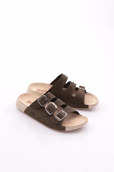 DGN Γυναικείες παντόφλες Khaki Nubuck - με αγκράφα και τρεις ρίγες 263102623